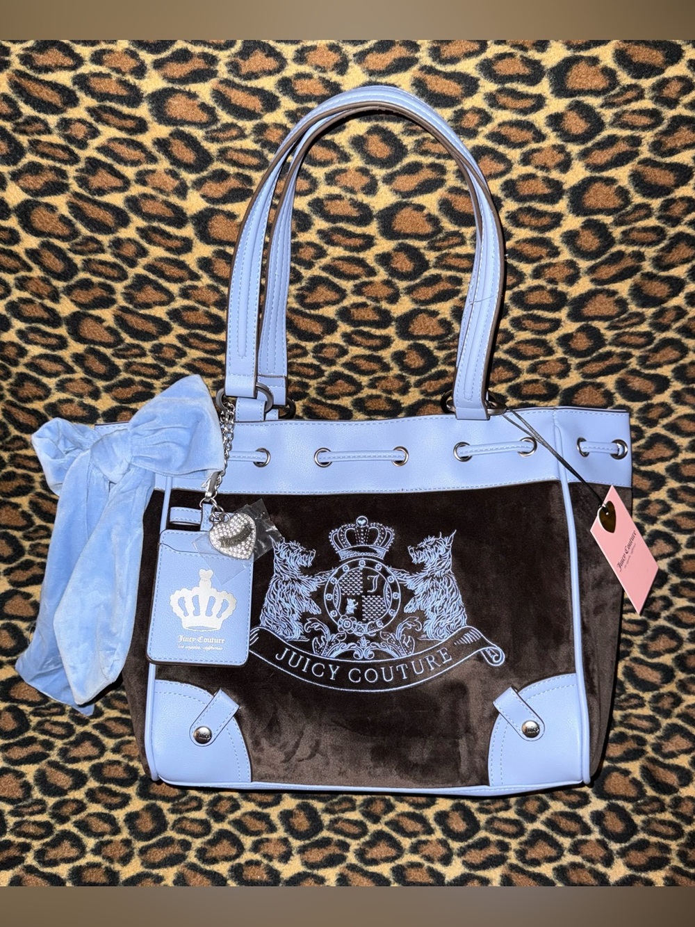 NWT Juicy Couture Chocolate Belair Blue Classic Scottie Dogs Tote